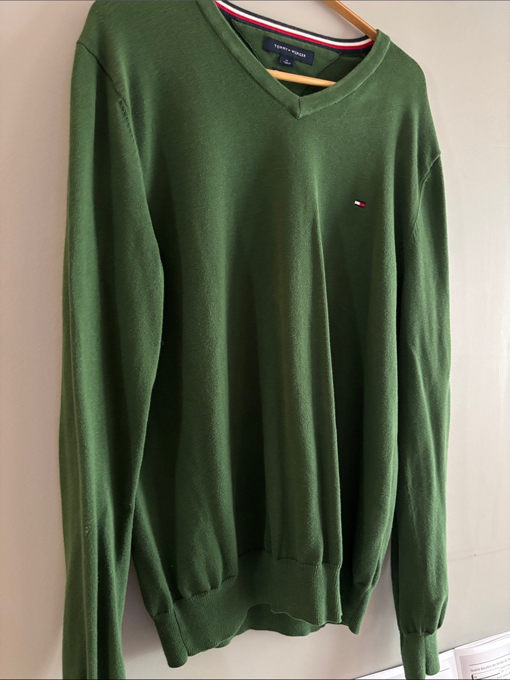 Tommy Hilfiger Men's Green V-Neck Sweater with Signature Flag